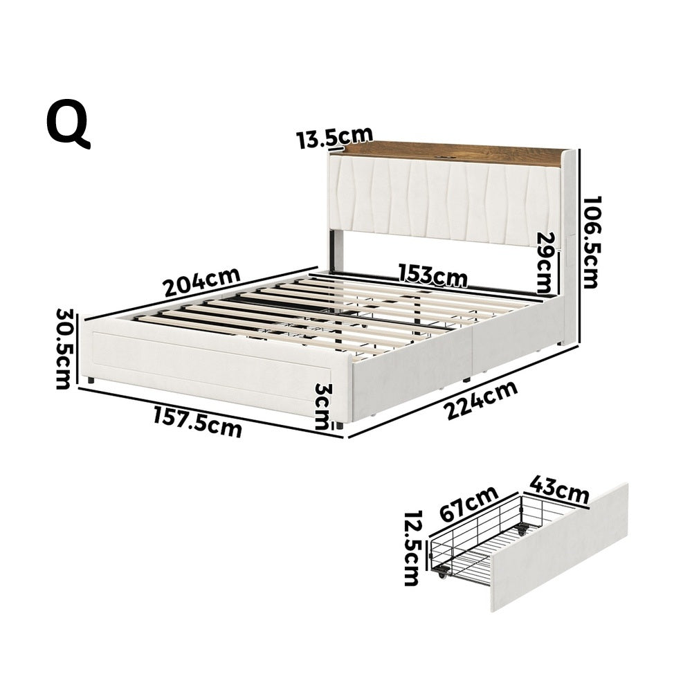 Hudson Beige Velvet Storage Bed with USB Charging | Soft Fabric LED Lights Bed Frame with 4 Draws