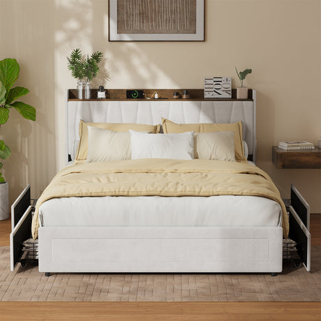 Hudson Beige Velvet Storage Bed with USB Charging | Soft Fabric LED Lights Bed Frame with 4 Draws