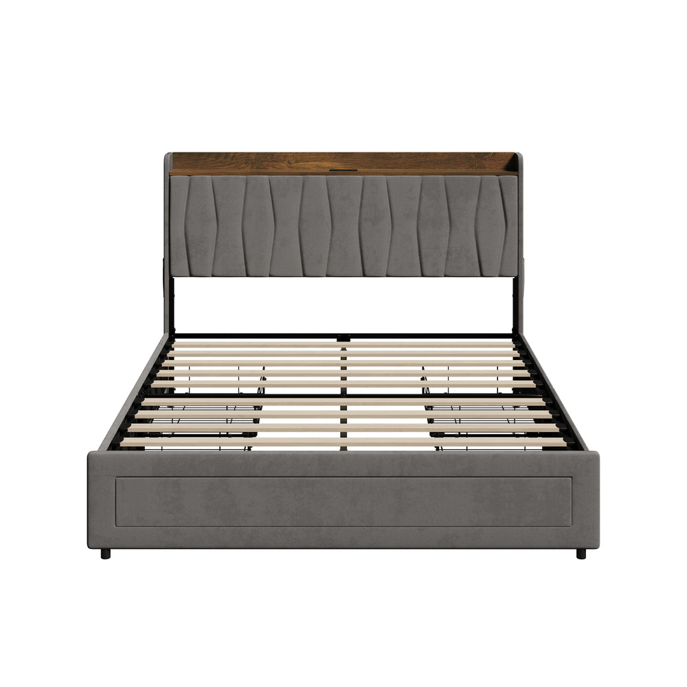 Hudson Grey Velvet Storage Bed with USB Charging | Soft Fabric LED Lights Bed Frame with 4 Draws