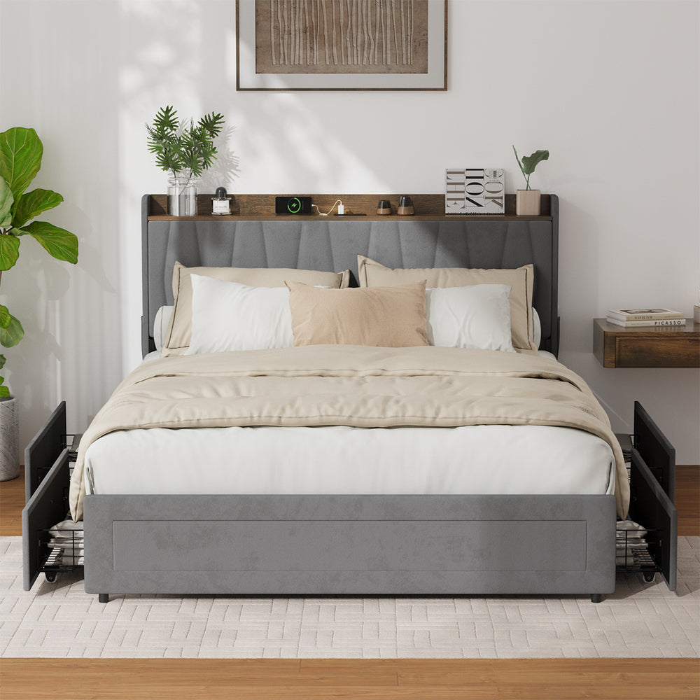 Hudson Grey Velvet Storage Bed with USB Charging | Soft Fabric LED Lights Bed Frame with 4 Draws
