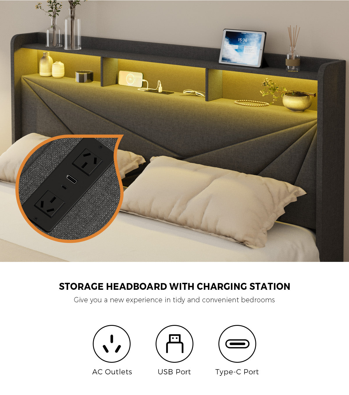 Castore LED Storage Bed with USB Charging | Premium Grey Fabric LED Lights Bed Frame with 2 Front Draws