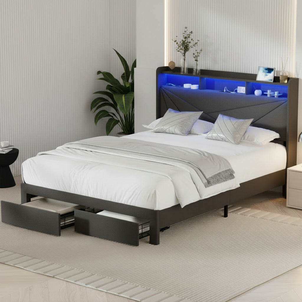 Castore LED Storage Bed with USB Charging | Premium Grey Fabric LED Lights Bed Frame with 2 Front Draws