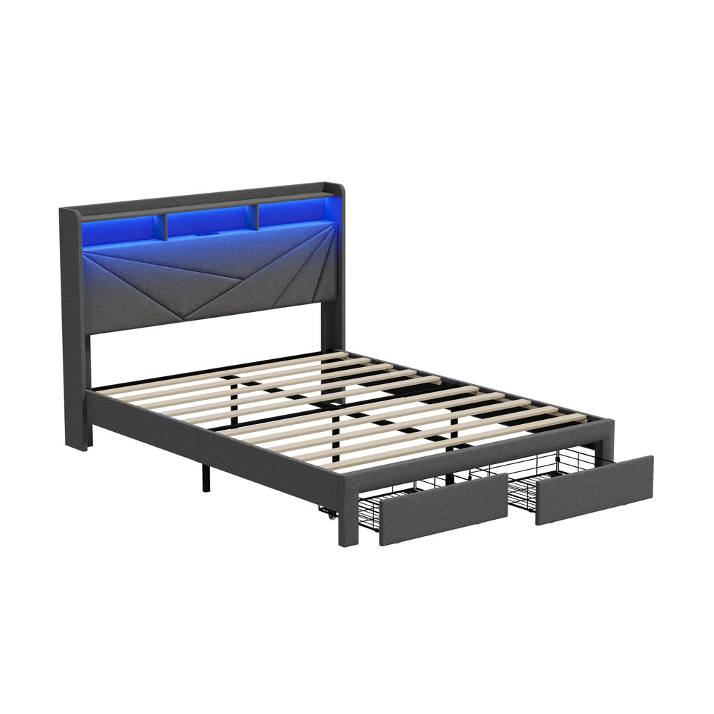 Castore LED Storage Bed with USB Charging | Premium Grey Fabric LED Lights Bed Frame with 2 Front Draws