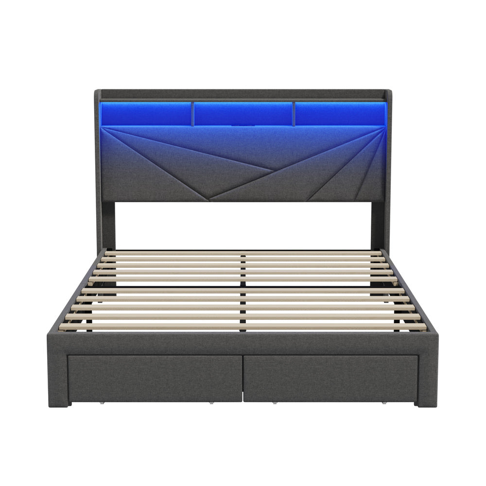 Castore LED Storage Bed with USB Charging | Premium Grey Fabric LED Lights Bed Frame with 2 Front Draws