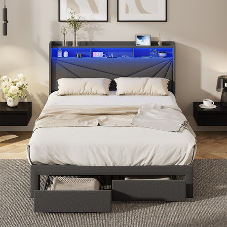 Brunswick LED Storage Bed with USB Charging | Premium Grey Fabric LED Lights Bed Frame with 2 Front Draws