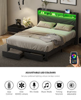 Castore LED Storage Bed with USB Charging | Premium Grey Fabric LED Lights Bed Frame with 2 Front Draws