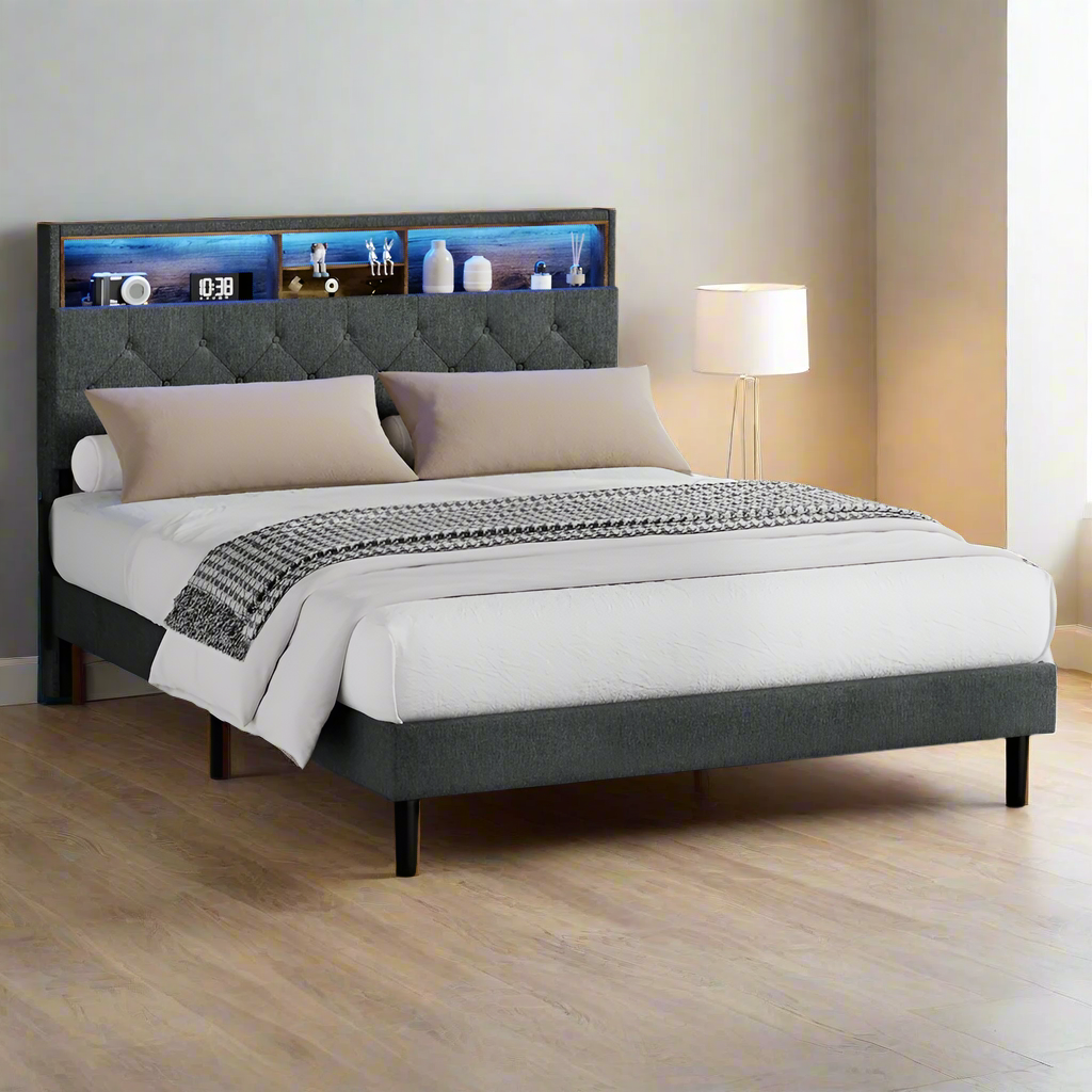 Piazzi LED Tuffted Grey Fabric Storage Bed | Modern Super Storage LED Lights Bed Frame