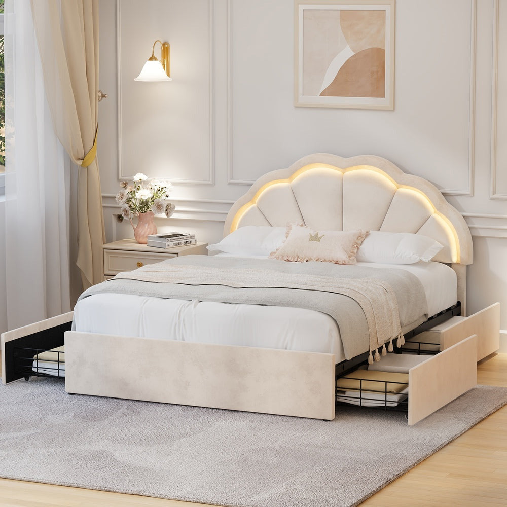 Mermaid Beige Plush Velvet LED Storage Bed | Beautiful Soft Touch LED Headboard 4 Draw Bed Frame