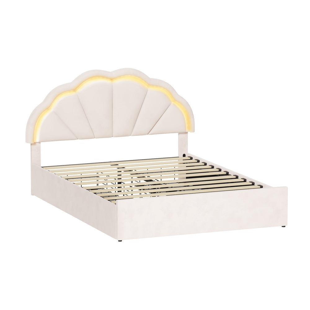 Mermaid Beige Plush Velvet LED Storage Bed | Beautiful Soft Touch LED Headboard 4 Draw Bed Frame