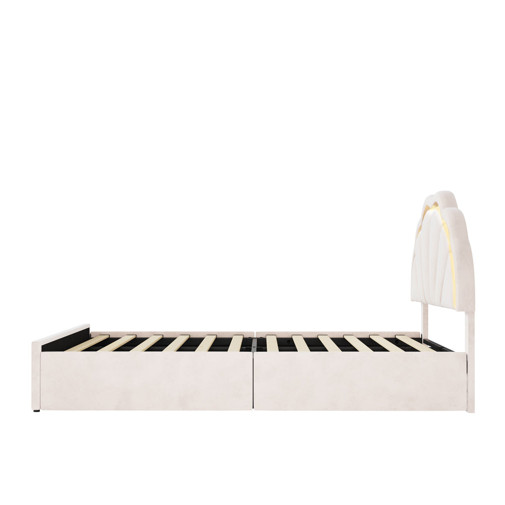 Mermaid Beige Plush Velvet LED Storage Bed | Beautiful Soft Touch LED Headboard 4 Draw Bed Frame