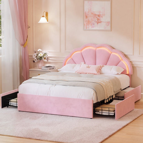 Mermaid Pink Plush Velvet LED Storage Bed | Beautiful Soft Touch LED Headboard 4 Draw Bed Frame