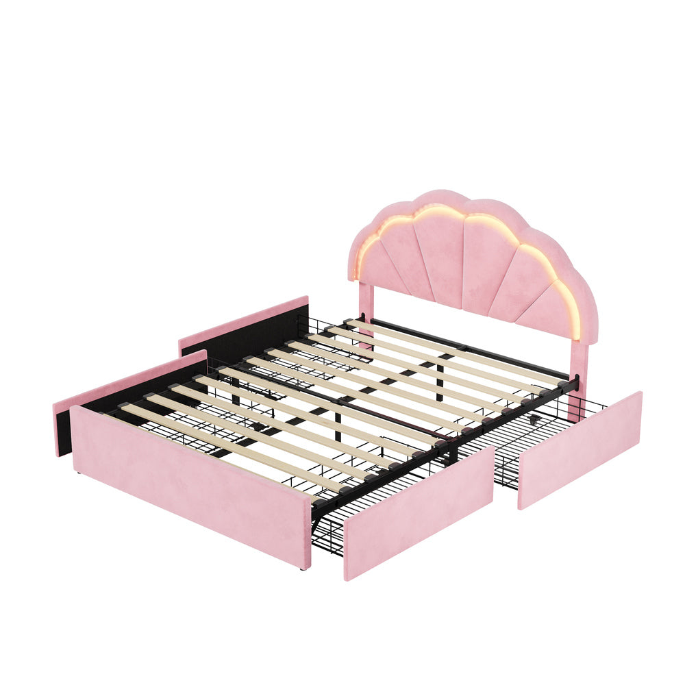 Mermaid Pink Plush Velvet LED Storage Bed | Beautiful Soft Touch LED Headboard 4 Draw Bed Frame