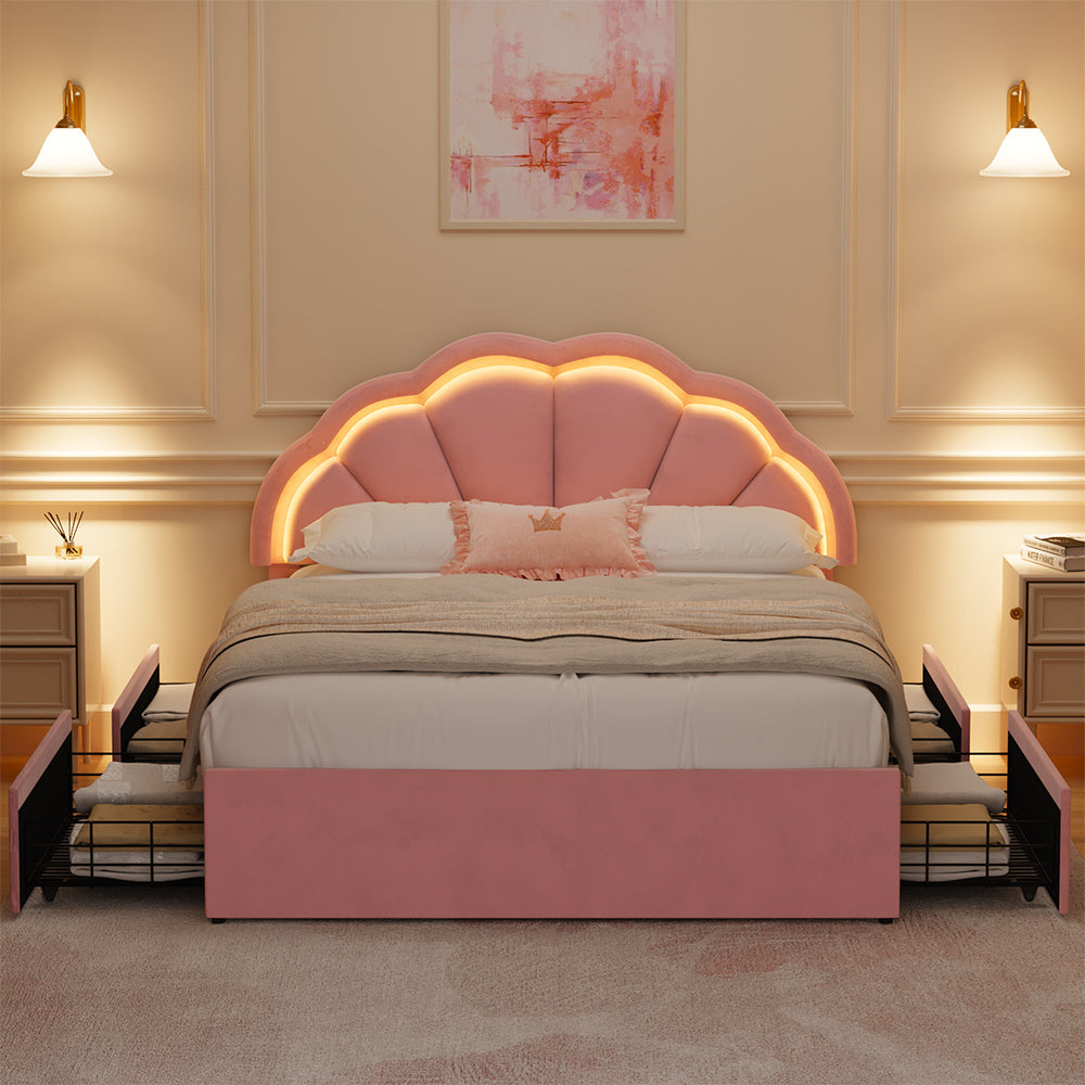 Mermaid Pink Plush Velvet LED Storage Bed | Beautiful Soft Touch LED Headboard 4 Draw Bed Frame