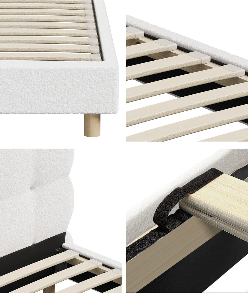 Millie Tuffted Clouds Soft Boucle Fabric White Bed | Cushioned Touch White Upholstered Boucle Bed Frame