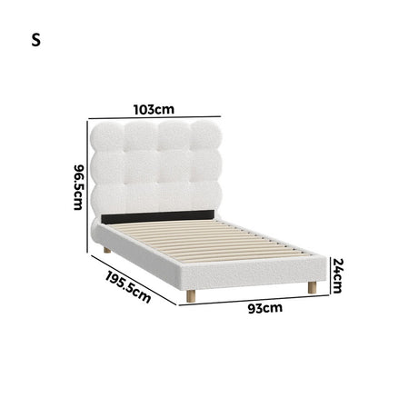 Millie Tuffted Clouds Soft Boucle Fabric White Bed | Cushioned Touch White Upholstered Boucle Bed Frame