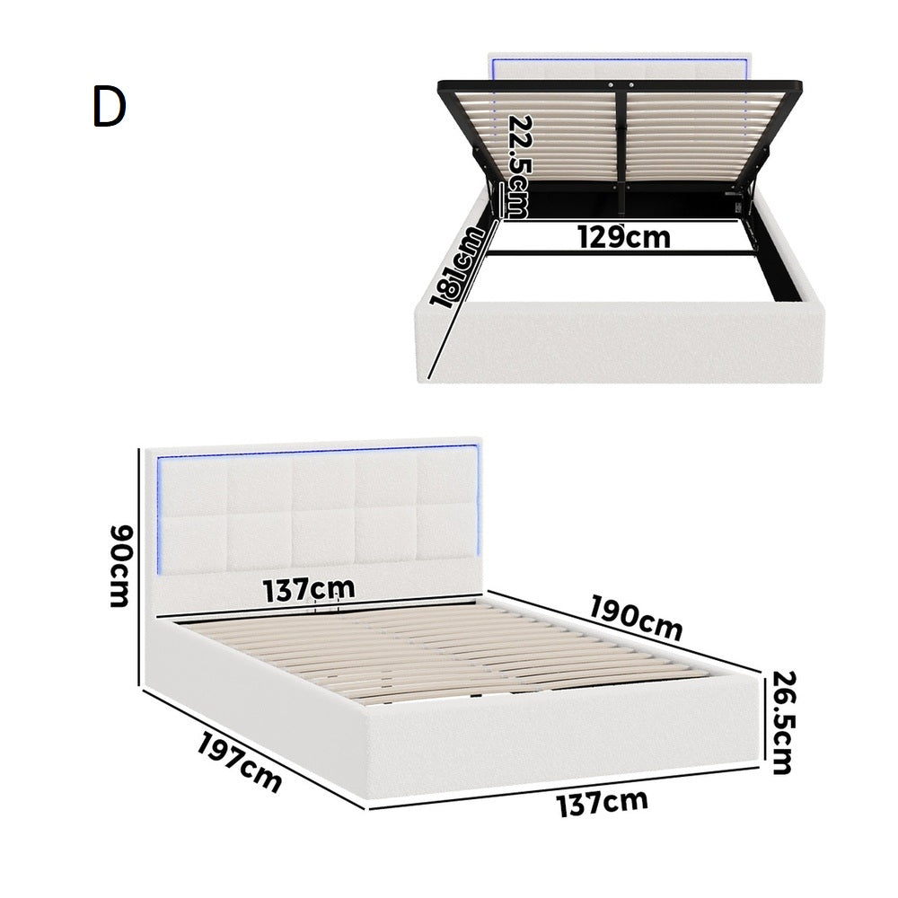 Neom Luxe Teddy Boucle Padded LED Bed Frame | Modern White Boucle Gas Lift Storage Bed with LED Lighting