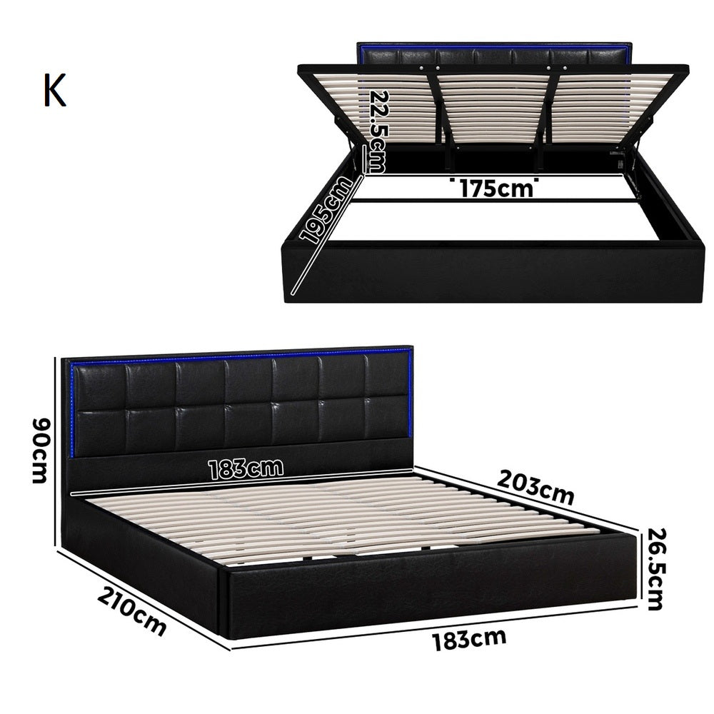 Neom Luxe PU Leather Padded LED Bed Frame | Modern Black PU Leather Gas Lift Storage Bed with LED Lighting