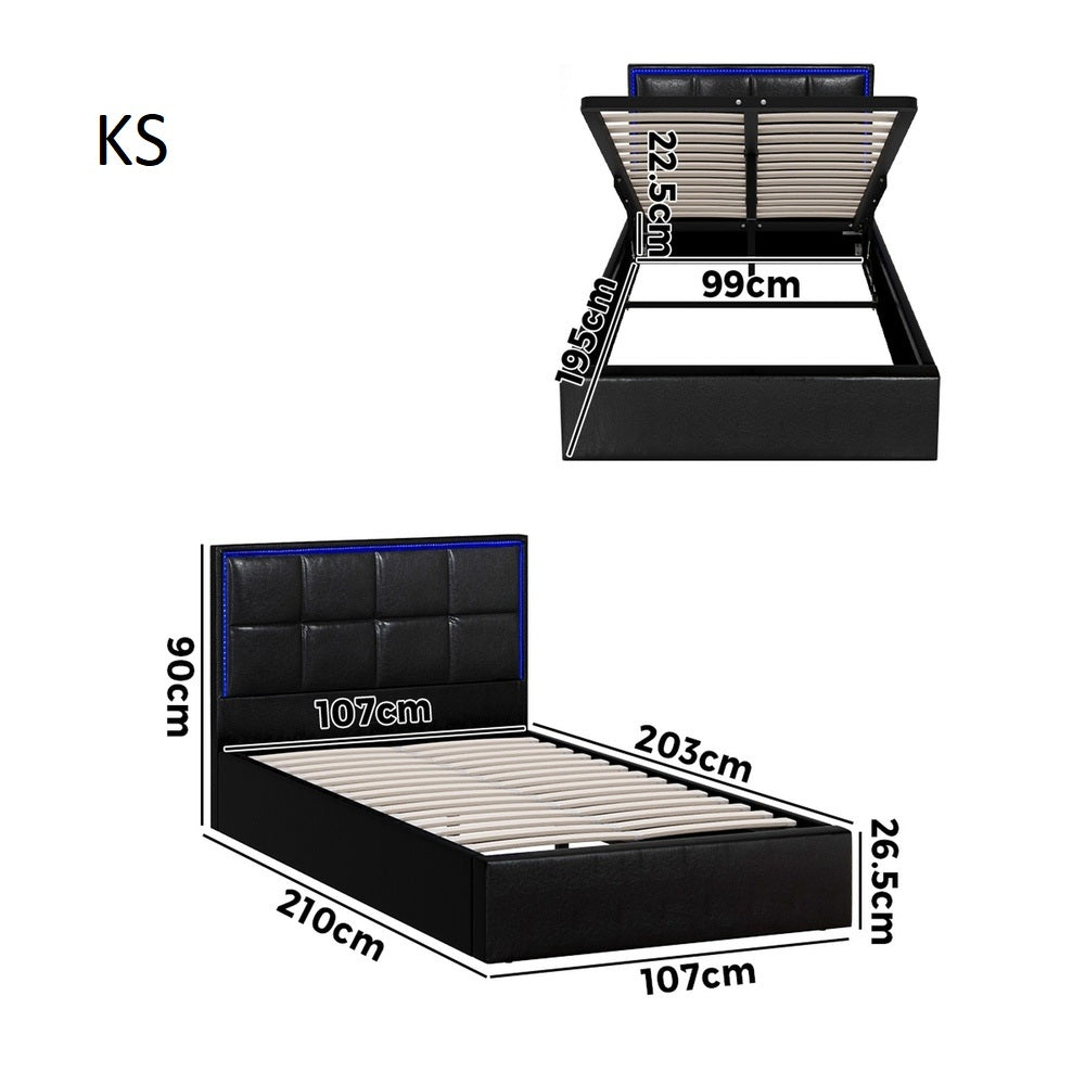 Neom Luxe PU Leather Padded LED Bed Frame | Modern Black PU Leather Gas Lift Storage Bed with LED Lighting