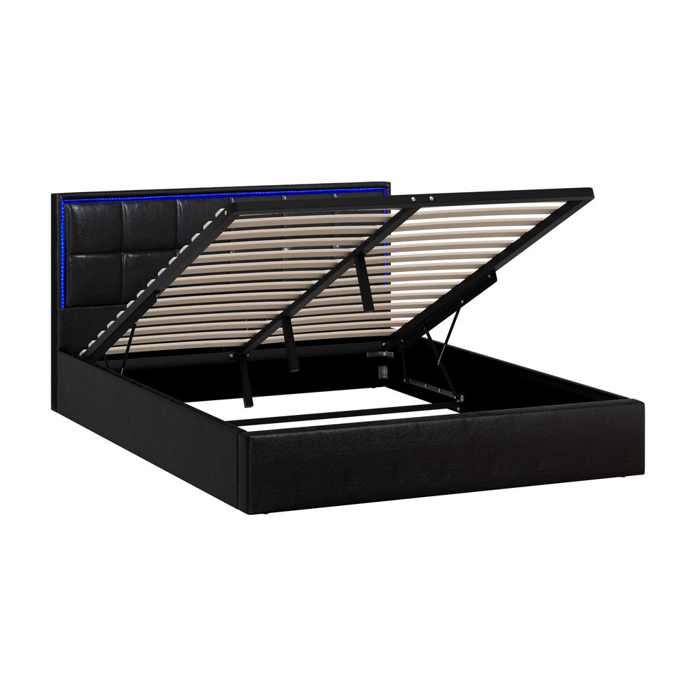 Neom Luxe PU Leather Padded LED Bed Frame | Modern Black PU Leather Gas Lift Storage Bed with LED Lighting