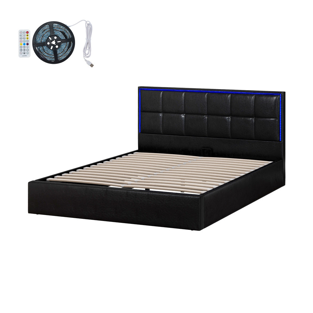 Neom Luxe PU Leather Padded LED Bed Frame | Modern Black PU Leather Gas Lift Storage Bed with LED Lighting