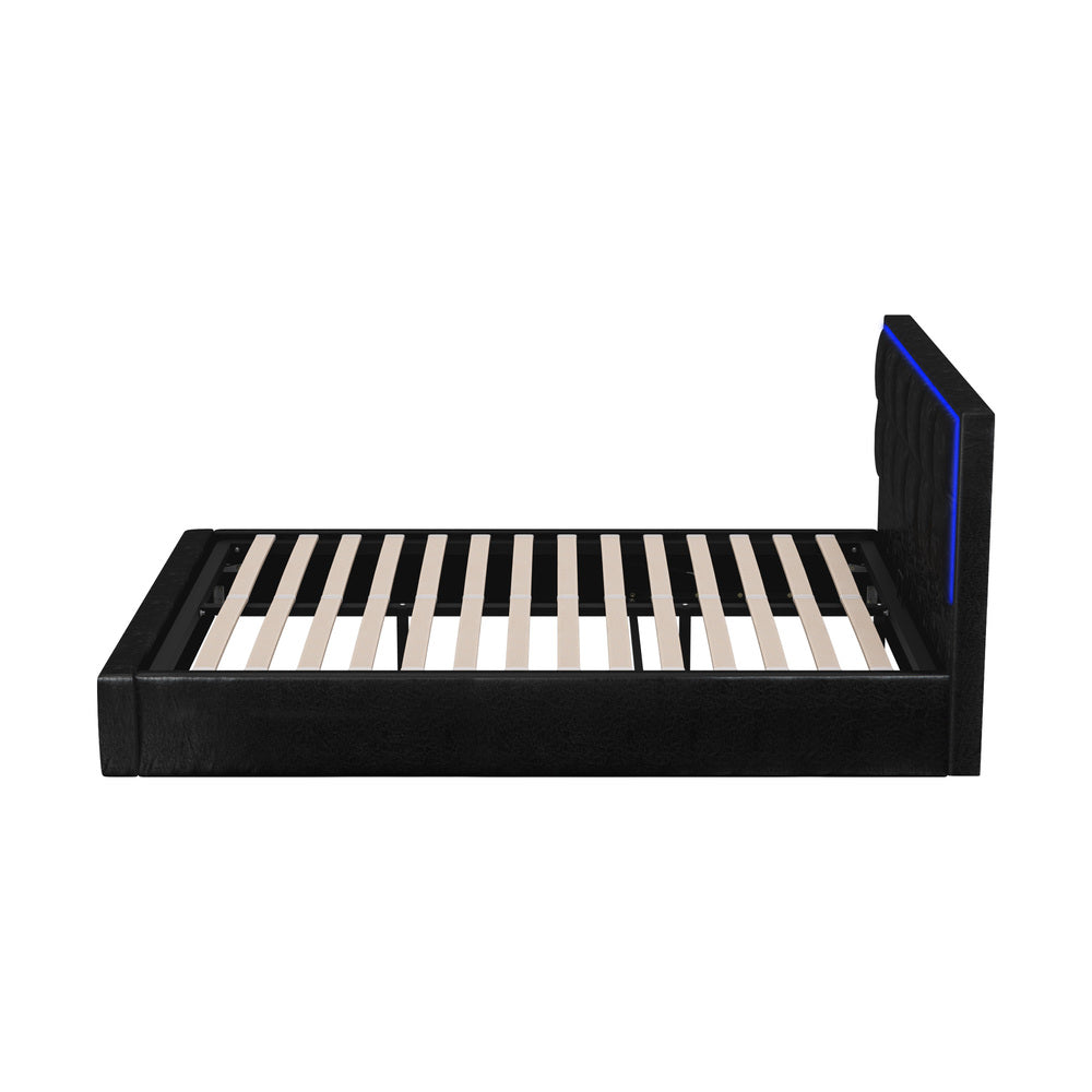 Neom Luxe PU Leather Padded LED Bed Frame | Modern Black PU Leather Gas Lift Storage Bed with LED Lighting