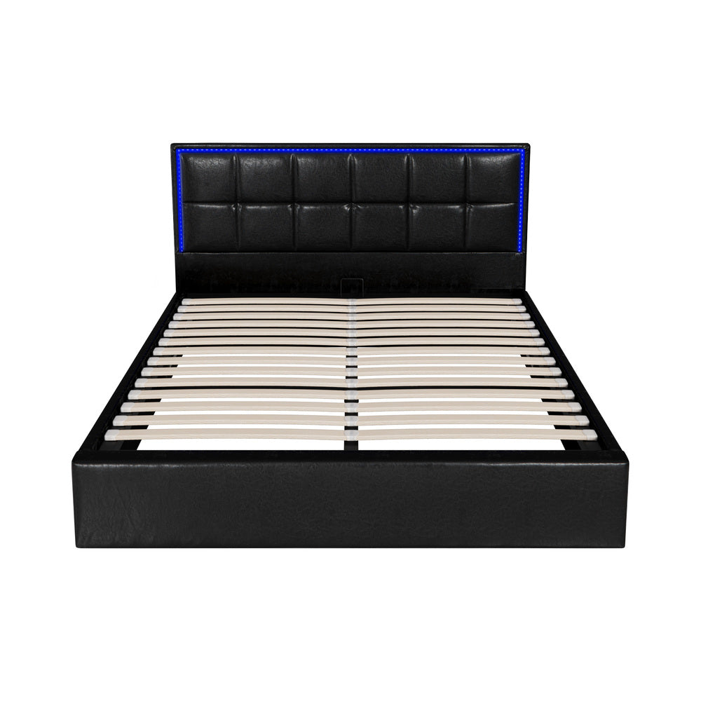 Neom Luxe PU Leather Padded LED Bed Frame | Modern Black PU Leather Gas Lift Storage Bed with LED Lighting