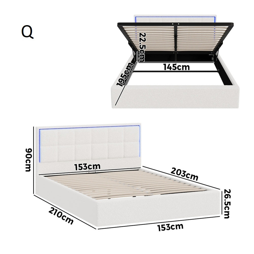 Neom Luxe Teddy Boucle Padded LED Bed Frame | Modern White Boucle Gas Lift Storage Bed with LED Lighting