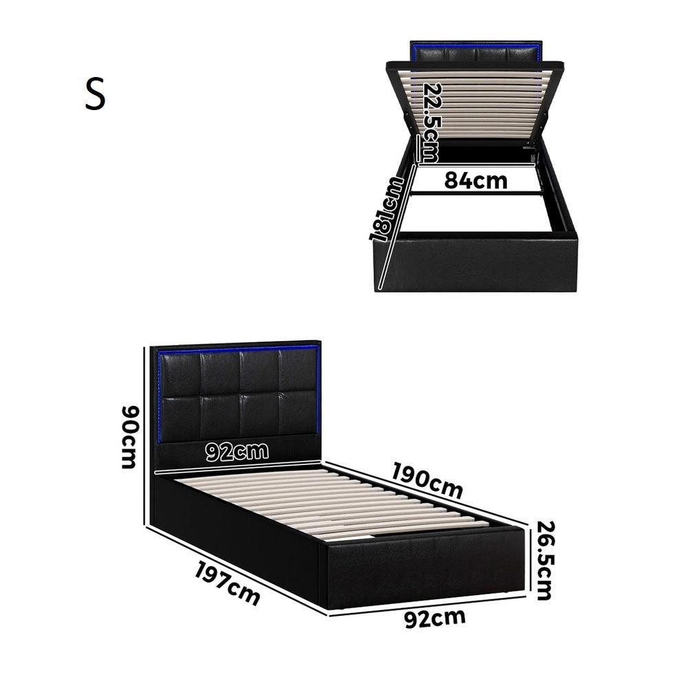 Neom Luxe PU Leather Padded LED Bed Frame | Modern Black PU Leather Gas Lift Storage Bed with LED Lighting