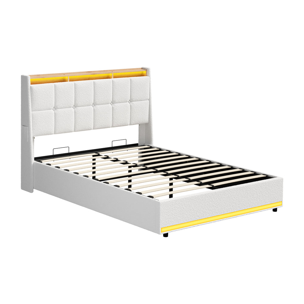 Verona Boucle LED Gas Lift Storage Bed | White Fabric Space Saver Ambient Lighting Bed Frame