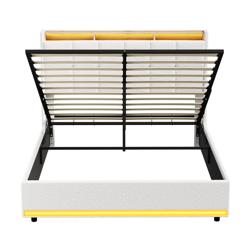 Verona Boucle LED Gas Lift Storage Bed | White Fabric Space Saver Ambient Lighting Bed Frame
