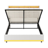 Verona Boucle LED Gas Lift Storage Bed | White Fabric Space Saver Ambient Lighting Bed Frame