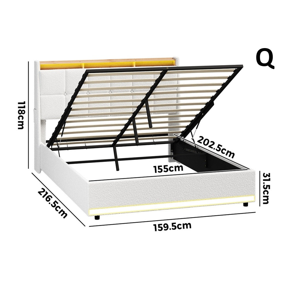 Verona Boucle LED Gas Lift Storage Bed | White Fabric Space Saver Ambient Lighting Bed Frame