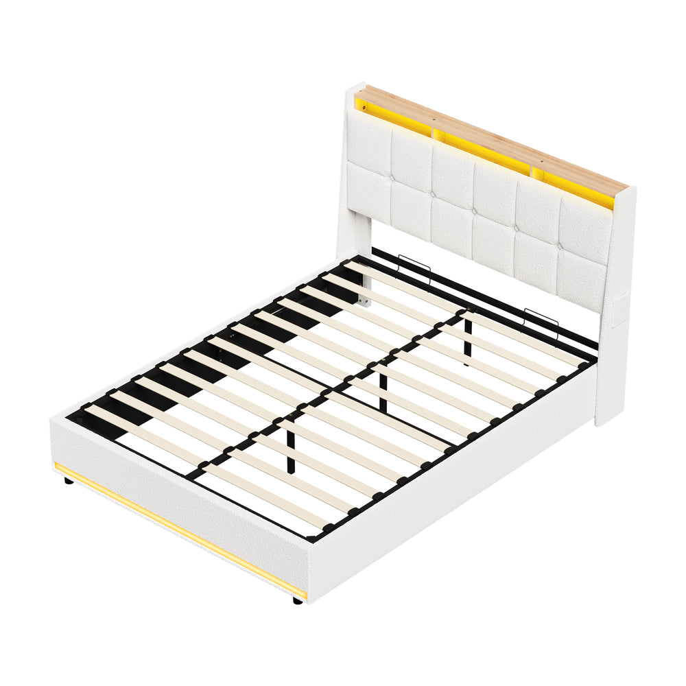 Verona Boucle LED Gas Lift Storage Bed | White Fabric Space Saver Ambient Lighting Bed Frame