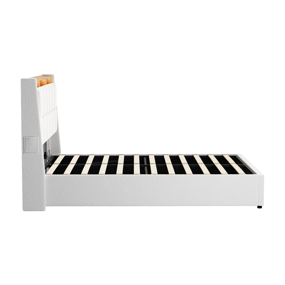 Verona Boucle LED Gas Lift Storage Bed | White Fabric Space Saver Ambient Lighting Bed Frame