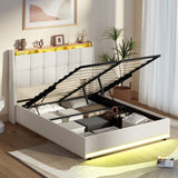 Verona Boucle LED Gas Lift Storage Bed | White Fabric Space Saver Ambient Lighting Bed Frame