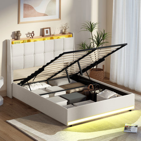 Verona Boucle LED Gas Lift Storage Bed | White Fabric Space Saver Ambient Lighting Bed Frame