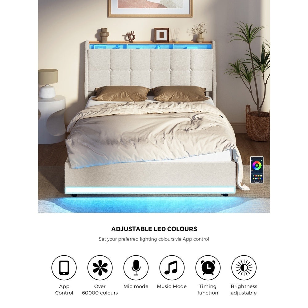 Verona Boucle LED Gas Lift Storage Bed | White Fabric Space Saver Ambient Lighting Bed Frame