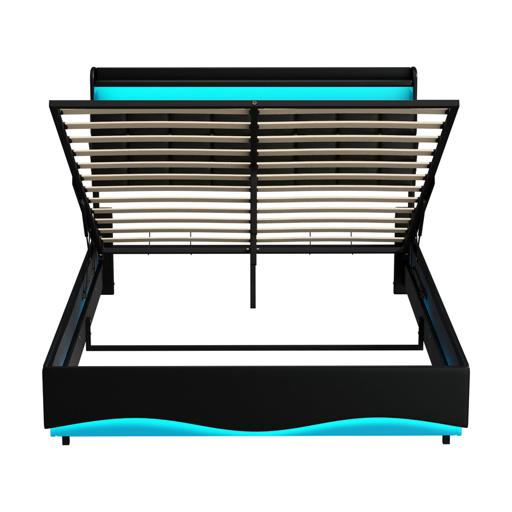 Nero LED Gas Lift Storage Bed with USB Charging | PU Leather Black LED Lights Bed Frame Dual Storage