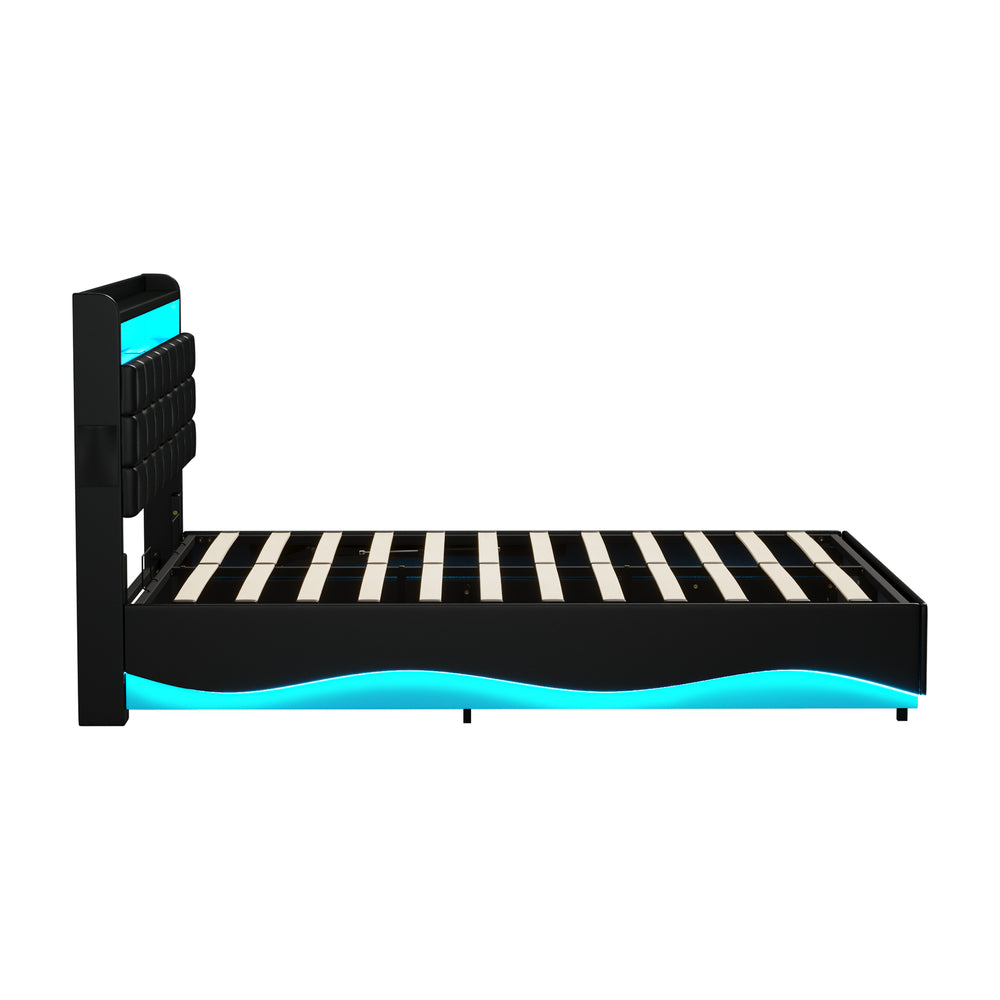 Nero LED Gas Lift Storage Bed with USB Charging | PU Leather Black LED Lights Bed Frame Dual Storage
