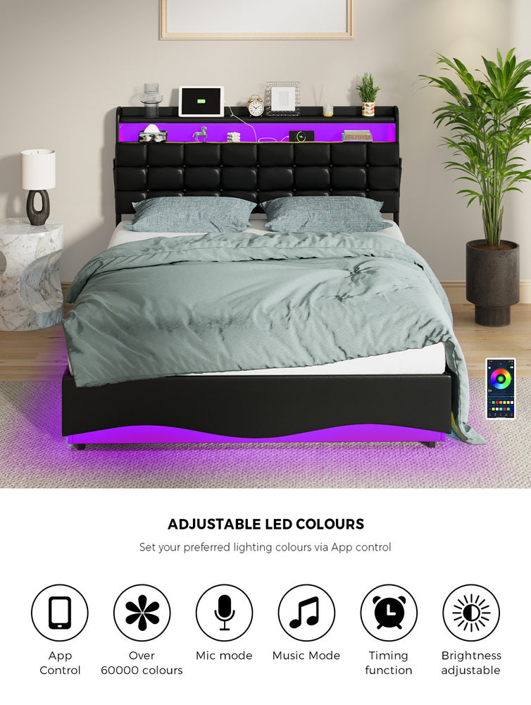 Nero LED Gas Lift Storage Bed with USB Charging | PU Leather Black LED Lights Bed Frame Dual Storage