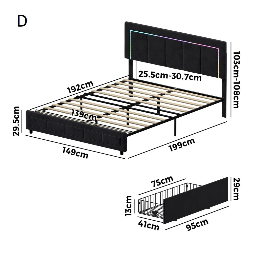 Marlisse 4 Draw Plush Velvet Black Storage Bed | Adjustable Bedhead LED Lighting Padded Bed Frame