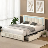 Marlisse 4 Draw Plush Velvet Beige Storage Bed | Adjustable Bedhead LED Lighting Padded Bed Frame