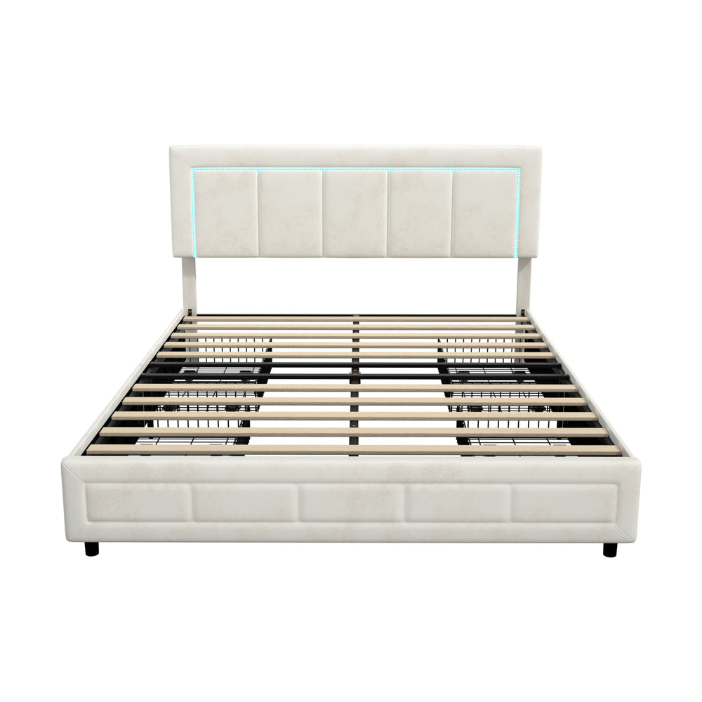 Marlisse 4 Draw Plush Velvet Beige Storage Bed | Adjustable Bedhead LED Lighting Padded Bed Frame