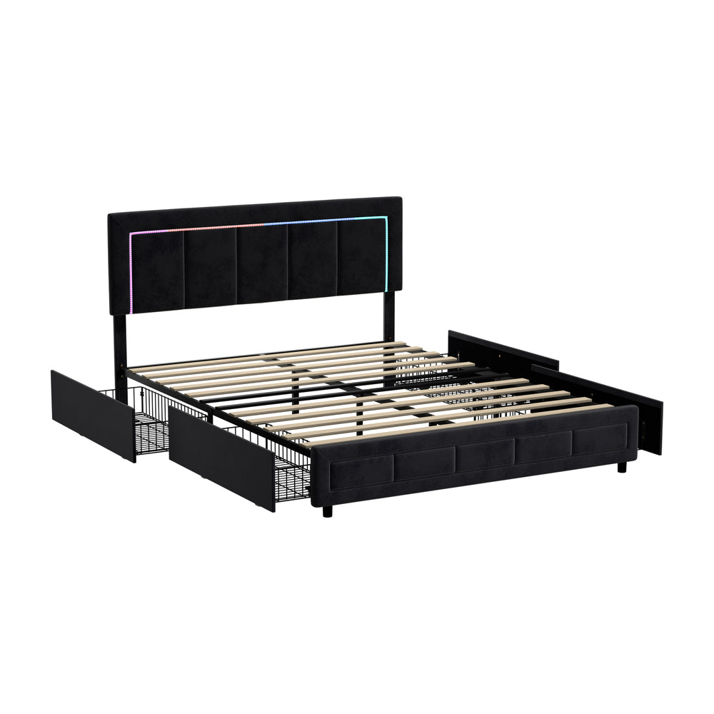 Marlisse 4 Draw Plush Velvet Black Storage Bed | Adjustable Bedhead LED Lighting Padded Bed Frame