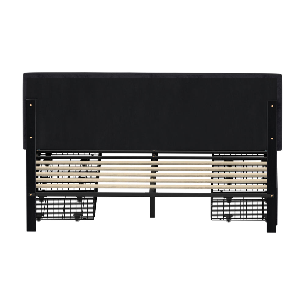 Marlisse 4 Draw Plush Velvet Black Storage Bed | Adjustable Bedhead LED Lighting Padded Bed Frame
