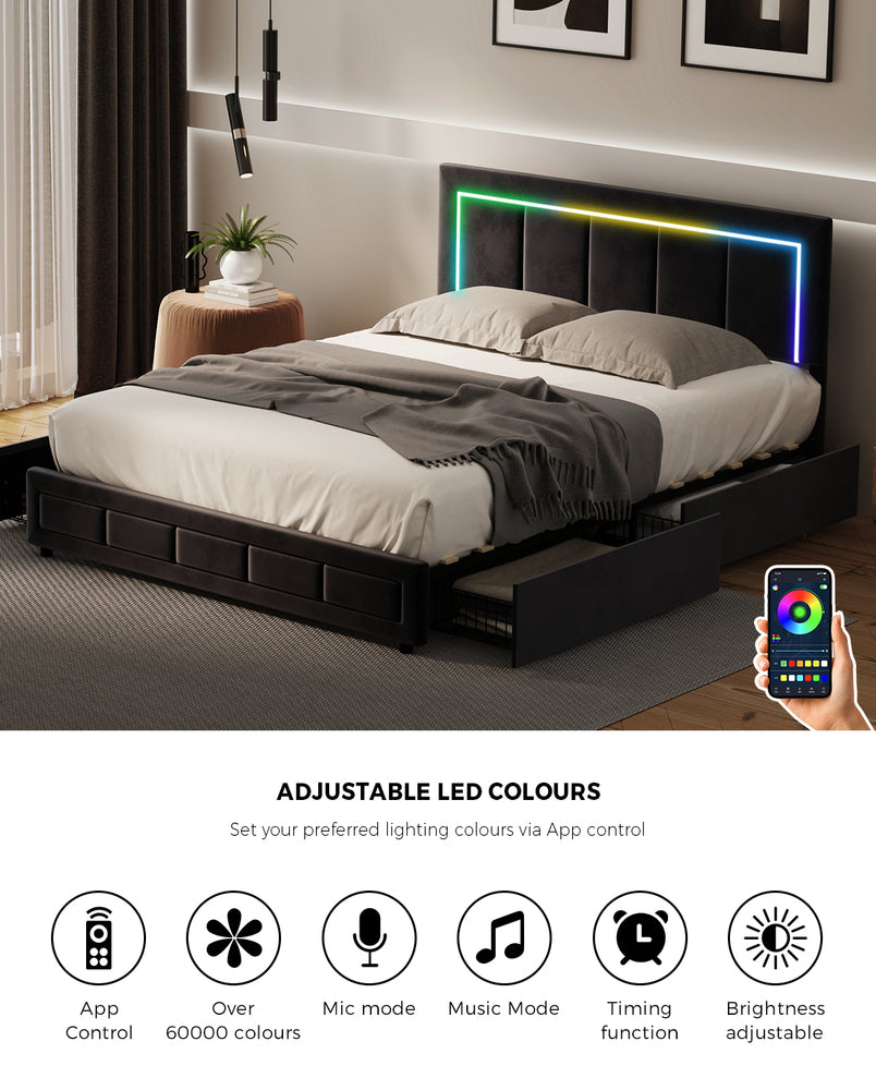 Marlisse 4 Draw Plush Velvet Black Storage Bed | Adjustable Bedhead LED Lighting Padded Bed Frame