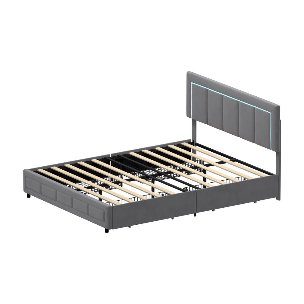 Marlisse 4 Draw Plush Velvet Grey Storage Bed | Adjustable Bedhead LED Lighting Padded Bed Frame