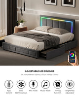Marlisse 4 Draw Plush Velvet Grey Storage Bed | Adjustable Bedhead LED Lighting Padded Bed Frame