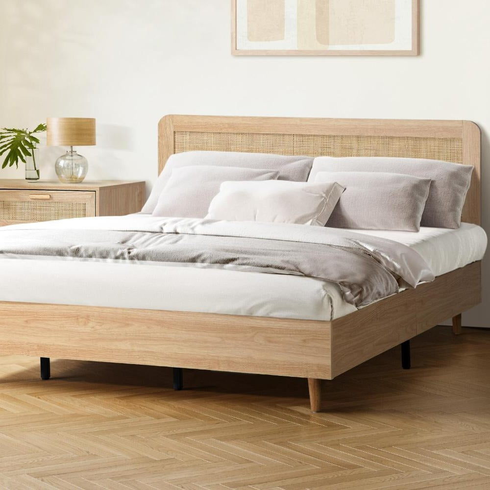 Abruzzi Genuine Rattan Wooden Bed | Modern Elegant Wooden Bed Frame Rattan Headboard
