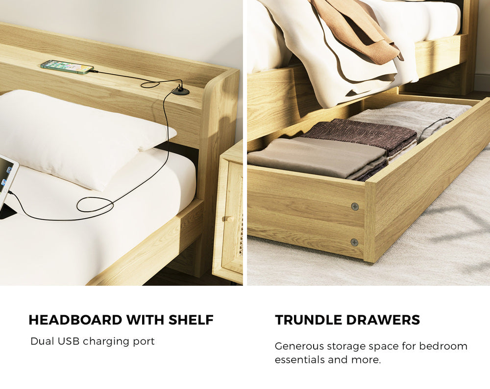 Sorrento 2 Drawer Wooden Storage Bed and 2 Charging Ports | Multi Storage Wood Bed Frame with USB Chargers